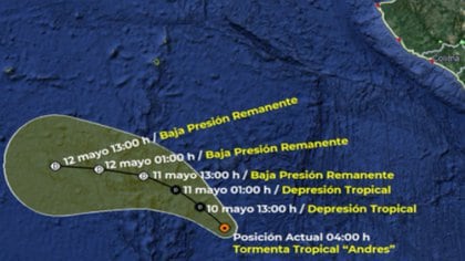 Trayectoria de la tormenta tropical Andrés para este 10 de mayo. El punto rojo señala la posición actual del ciclón, y los blancos su posición en los próximos días. Como se aprecia en el mapa, se alejará del territorio mexicano (Foto: SMN/Conagua Clima)