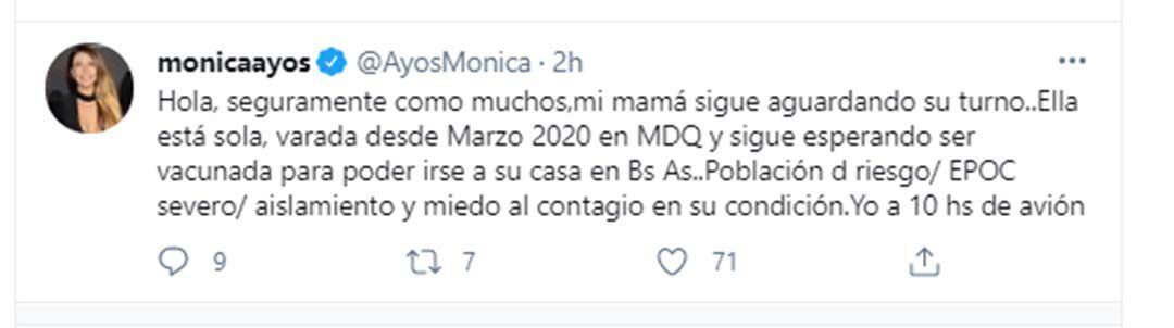 El tweet de Mónica Ayos contando la situación de su mamá