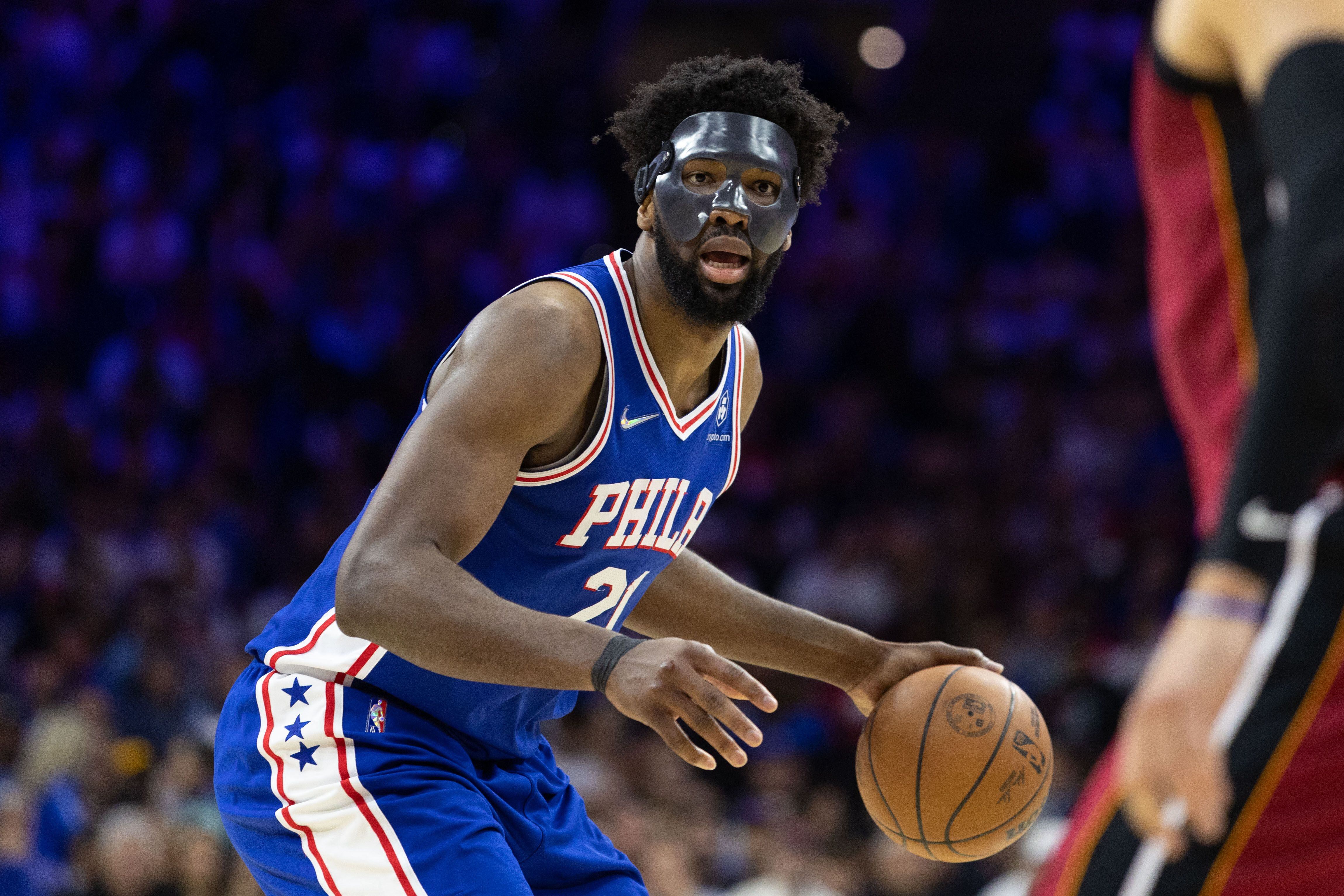 May 12, 2022; Philadelphia, Pennsylvania, USA; Philadelphia 76ers center Joel Embiid (21) dribbles the ball against the Miami Heat during the third quarter in game six of the second round of the 2022 NBA playoffs at Wells Fargo Center. Mandatory Credit: Bill Streicher-USA TODAY Sports