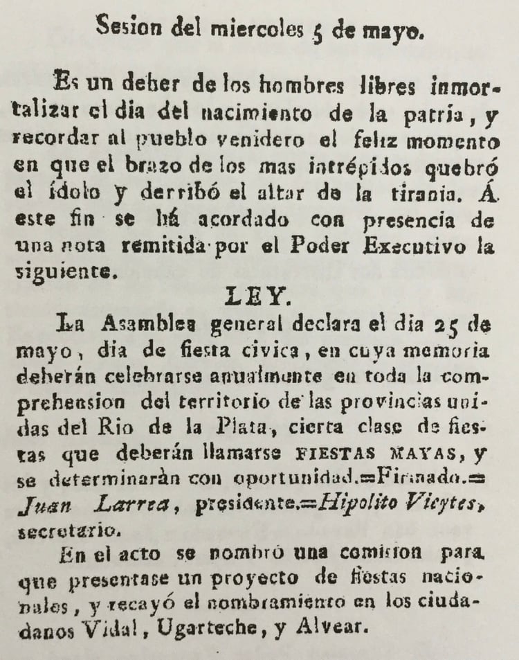 Texto de la disposición que establece al 25 de mayo como fiesta cívica.