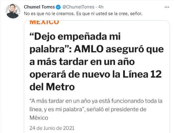 El comediante chihuahuense compartió una nota de Infobae México con fecha de publicación del 24 de junio (Foto: Twitter/@ChumelTorres)