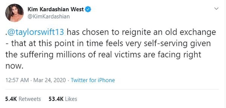 El primero de los nueve mensajes que Kim Kardashian le dedicó a Taylor Swift en su cuenta de Twitter (Twitter)