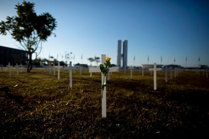 Centenares de cruces son instaladas como homenaje a las víctimas de covid-19 este domingo, en la Explanada de los Ministerios de Brasil, en Brasilia (Brasil). EFE/ Myke Sena
