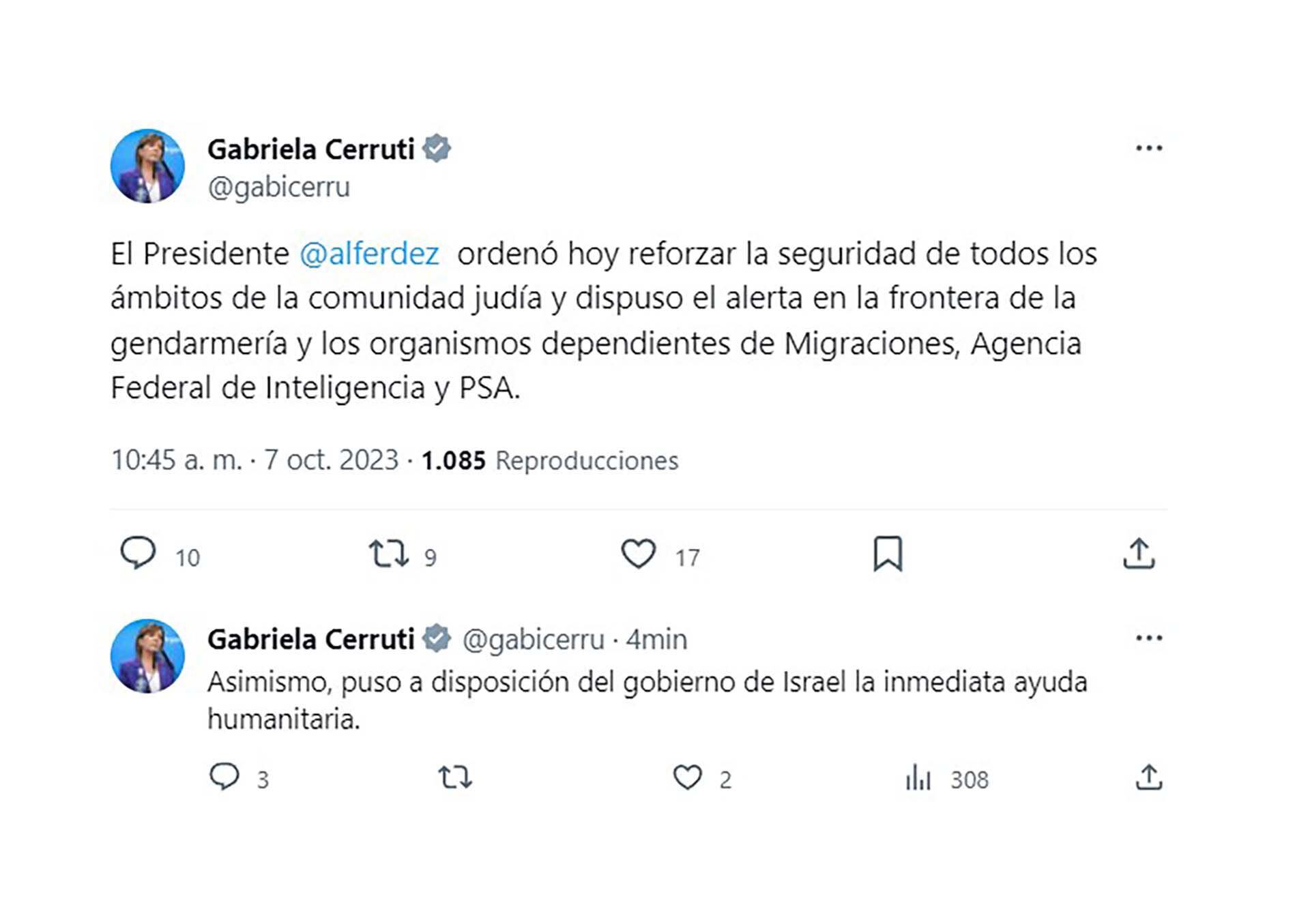 Gabriela Cerruti comunicó las medidas dispuestas por el presidente Alberto Fernández para resguardar la seguridad de los posibles objetivos israelíes en Argentina. 
