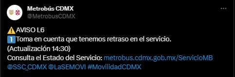 Metrobús CDMX reporta retrasos en la línea 6 (X/@MetrobusCDMX)