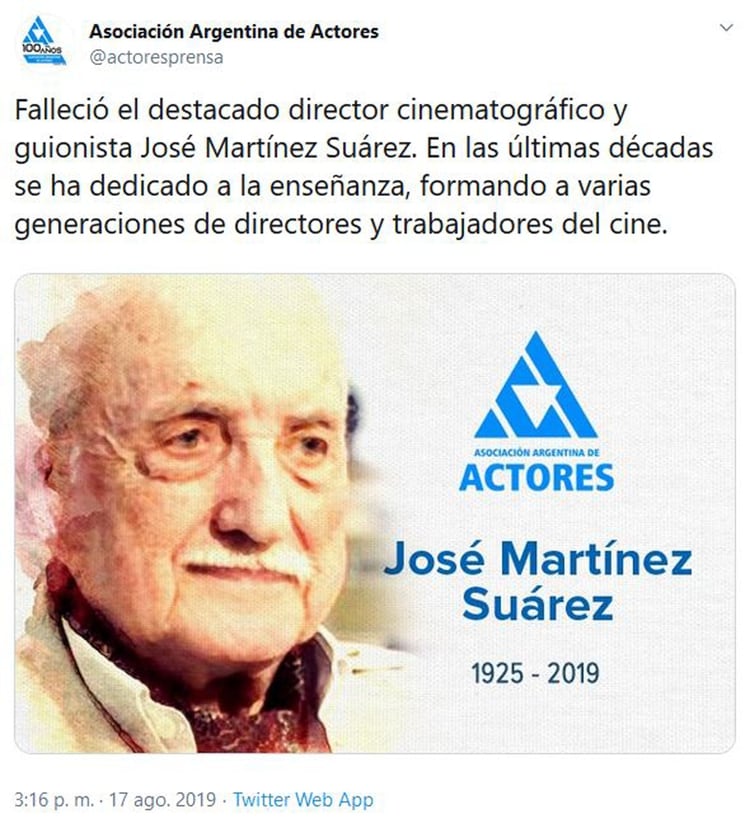 La AsociaciÃ³n Argentina de Actores emitiÃ³ un mensaje por la muerte del director cinematogrÃ¡fico (Foto: Twitter)