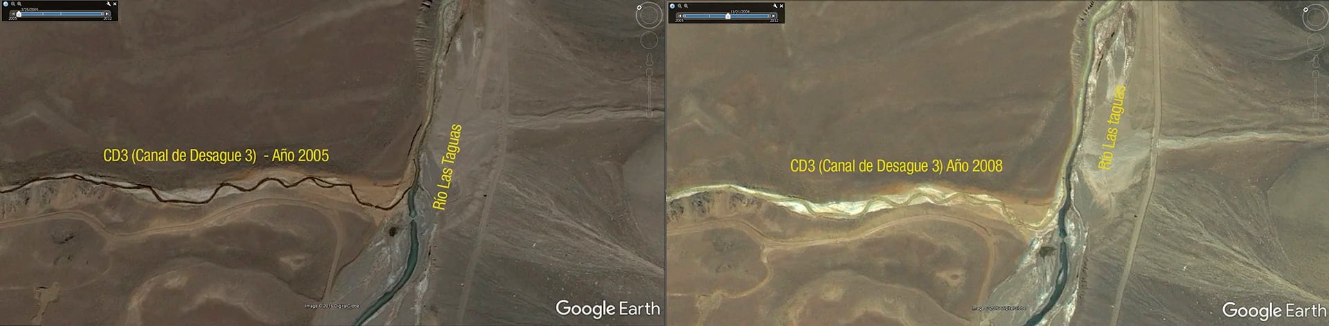 Este es el canal que hizo Barrick Gold. La foto de la izquierda muestra los estragos que hizo la acidez del agua con el paso del tiempo (TNRB)