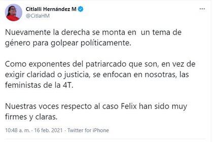 Citlalli Hernández insistió en su postura respecto al perfilamiento de Félix Salgado Macedonio como candidato de Morena a la gubernatura de Guerrero (Foto: Twitter / @CitlaHM)