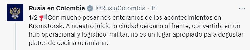 La embajada de Rusia en Colombia justificó atentado en Ucrania en el que resultaron heridos tres colombianos. Foto: @RusiaColombia/ Twitter