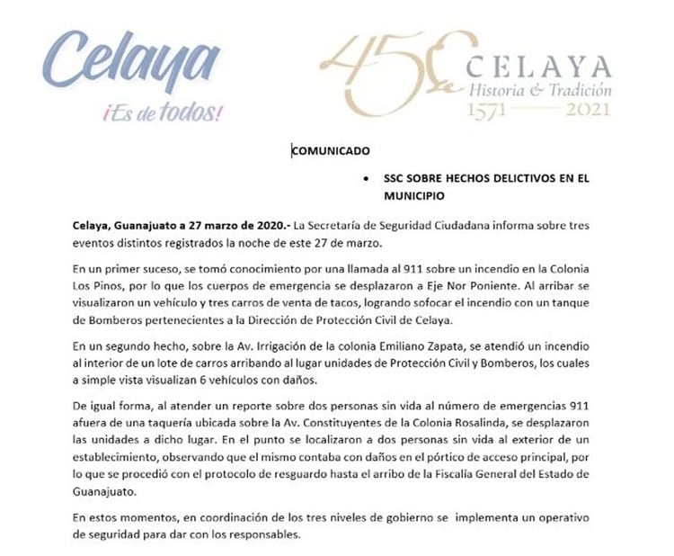 Comunicado de la Secretaría de Seguridad Ciudadana sobre los ataques