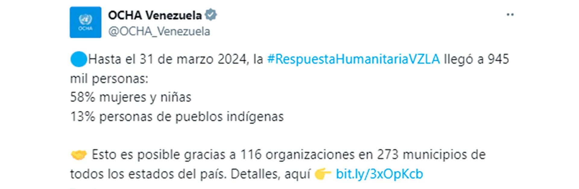 La publicación de OCHA en X (OCHA_Venezuela)
