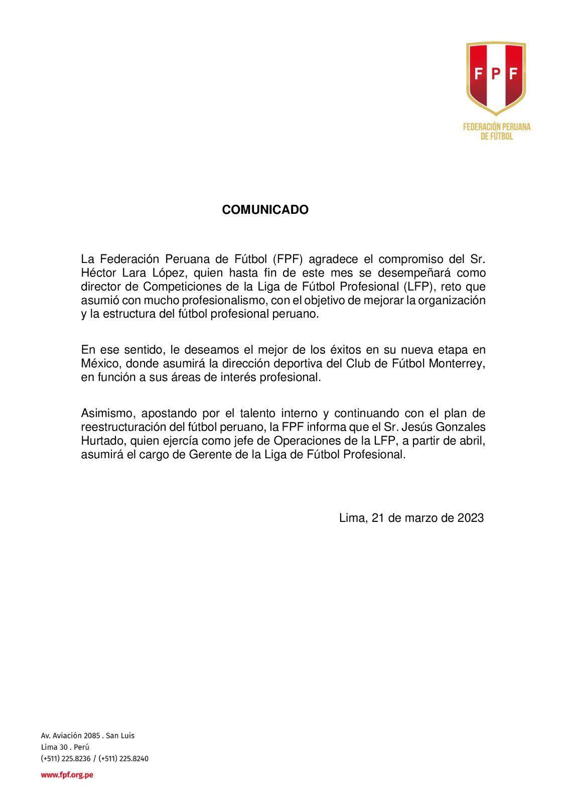 Comunicado de la Federación Peruana de Fútbol anunciando salida de Héctor Lara. (FPF)