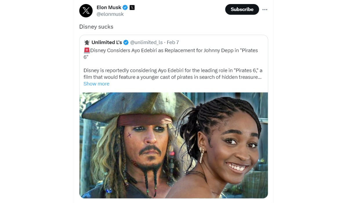 “Disney apesta”, aseguró Elon Musk tras conocer los nuevos planes de la compañía con la saga de Piratas del Caribe. (@elonmusk)