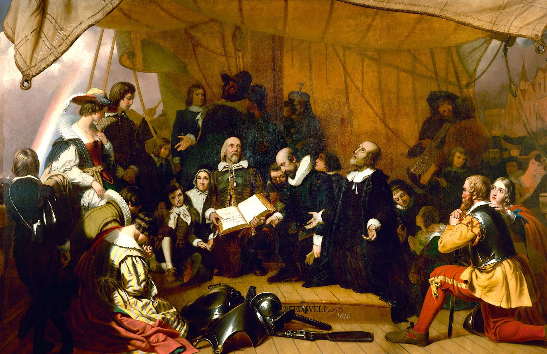Peregrinos protestantes en la cubierta del barco Speedwell antes de su salida de Leiden, Holanda, el 22 de julio de 1620, en un cuadro de Robert W. Weir