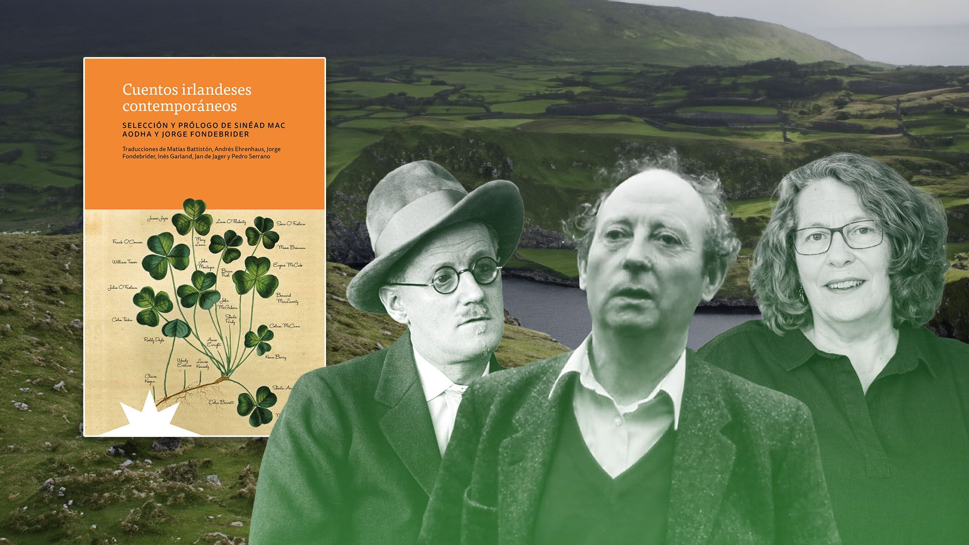 James Joyce, John McGahern, Sheila Purdy y el libro "Cuentos irlandeses contemporáneos".