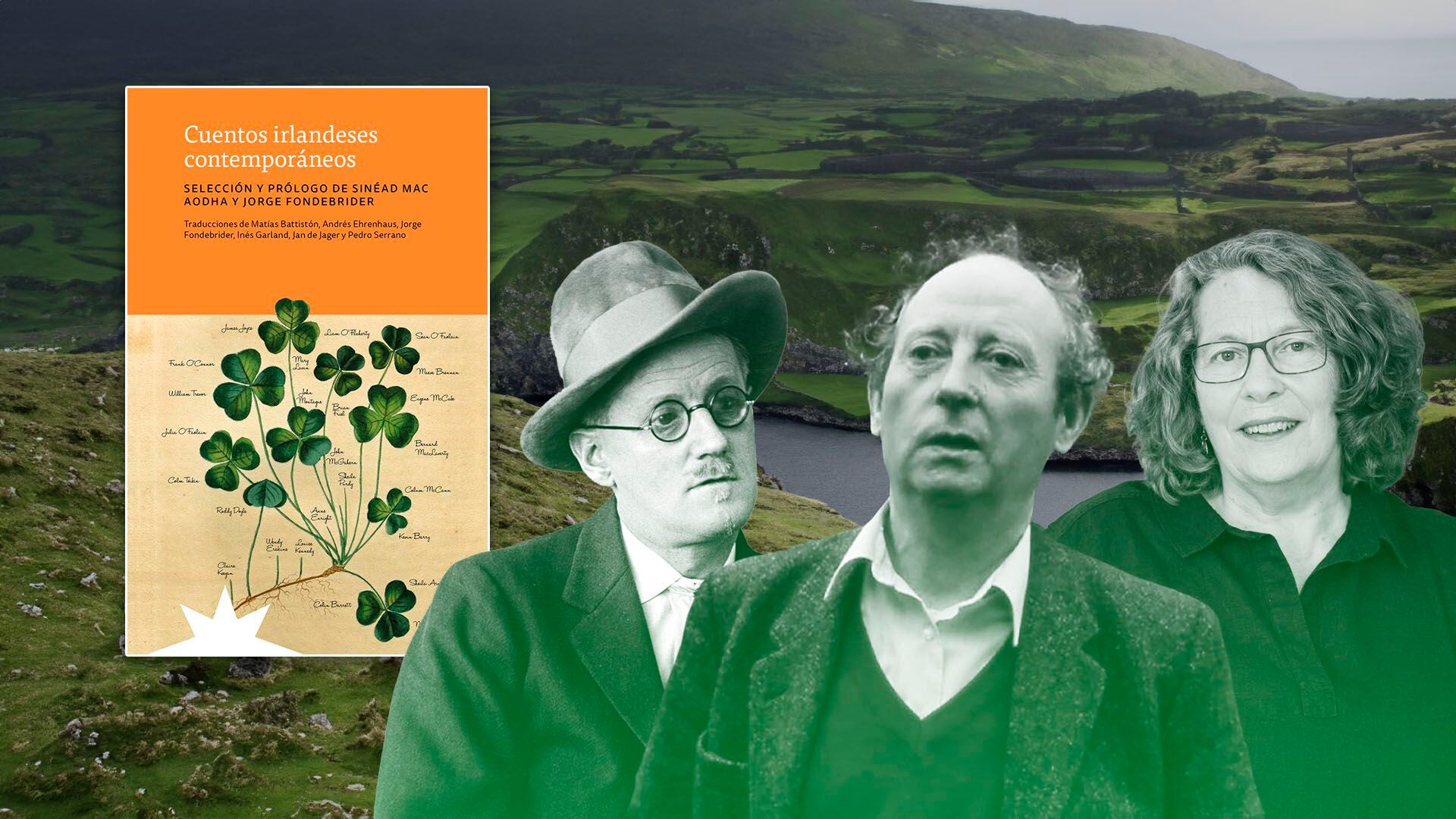 James Joyce, John McGahern, Sheila Purdy y el libro "Cuentos irlandeses contemporáneos".