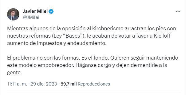 Tuit Javier Milei contra oposición