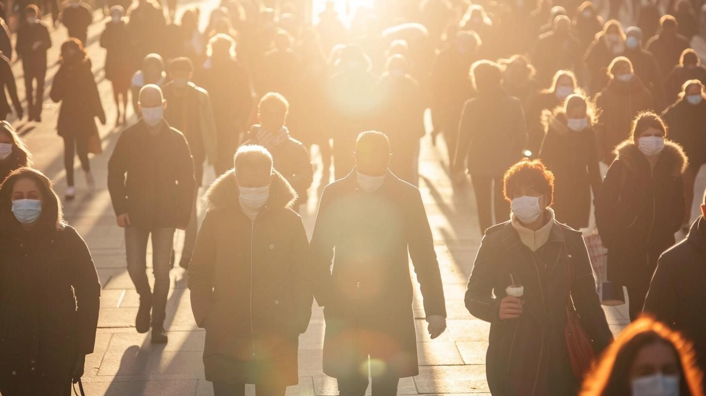 Grupo de individuos en un entorno urbano utilizando mascarillas faciales para prevenir la propagación del Covid-19. La fotografía captura el compromiso colectivo con la salud pública y las medidas de prevención contra la pandemia y enfermedades respiratorias. (Imagen ilustrativa Infobae).