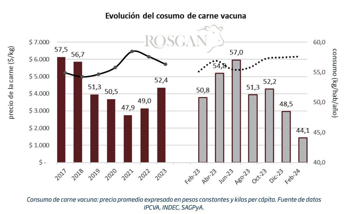 Evolución del consumo de carne vacuna. (Rosgan)