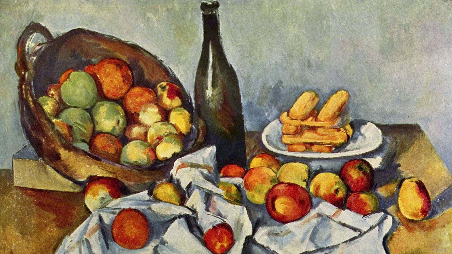 "Bodegón con botellas y cesto de manzanas, de Paul Cézanne.