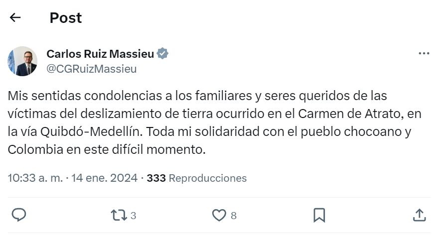 El representante de la ONU en Colombia se solidarizó con los familiares de las víctimas del derrumbe en la vía Quibdó - Medellín - crédito red social X