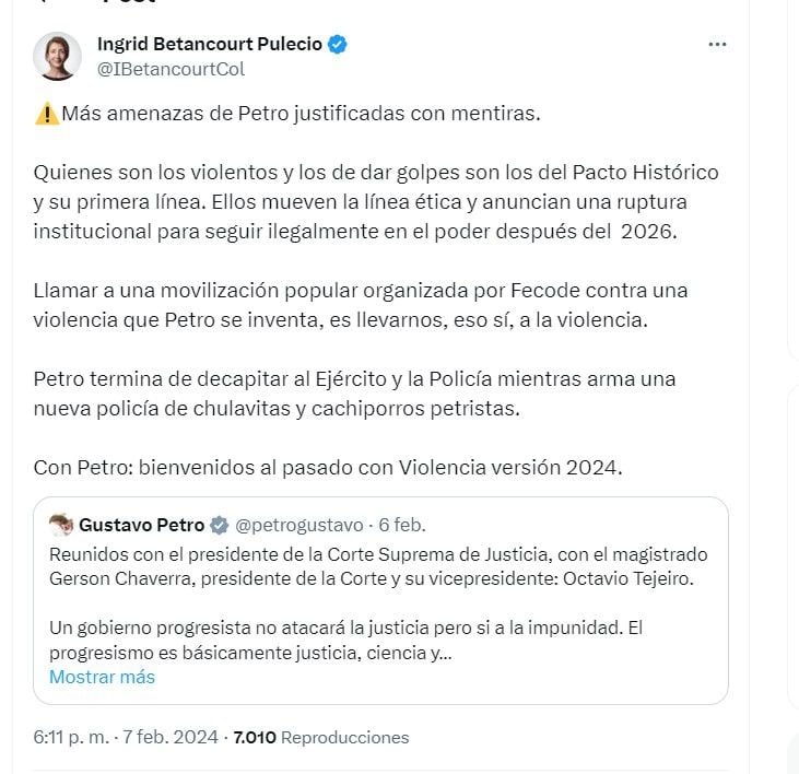 Ingrid Betancourt arremete contra el presidente Petro por reciente movilizaciones convocadas - crédito @IBetancourtCol