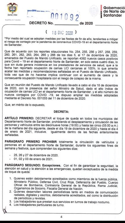 Decreto 1092 del gobierno de Norte de Santander que establece un toque de queda parcial y total en el departamento / (gobierno de Norte de Santander).