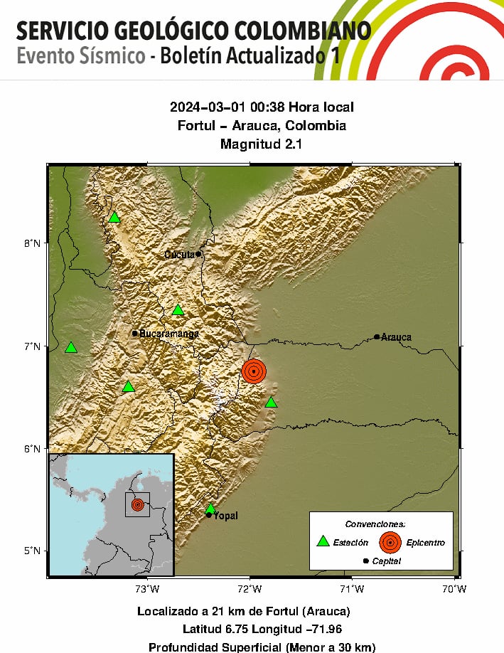 Temblor en Fortul, departamento de Arauca - crédito Servicio Geológico Colombiano