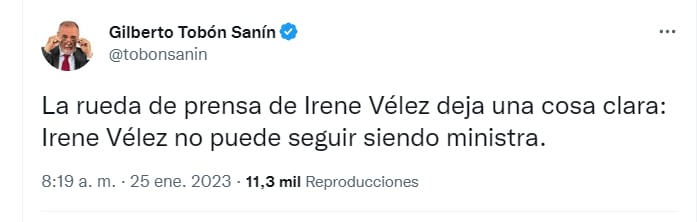 Tobón Sanín contra Irene Vélez. @tobonsanin.