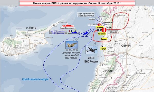 El mapa provisto por Moscú muestra el curso de vuelo del Il-20 antes de su derribo, la presunta aproximación de los cazas israelíes para atacar Latakia y la presencia de una fragata francesa en los alrededores (Ministerio de Defensa de Rusia)