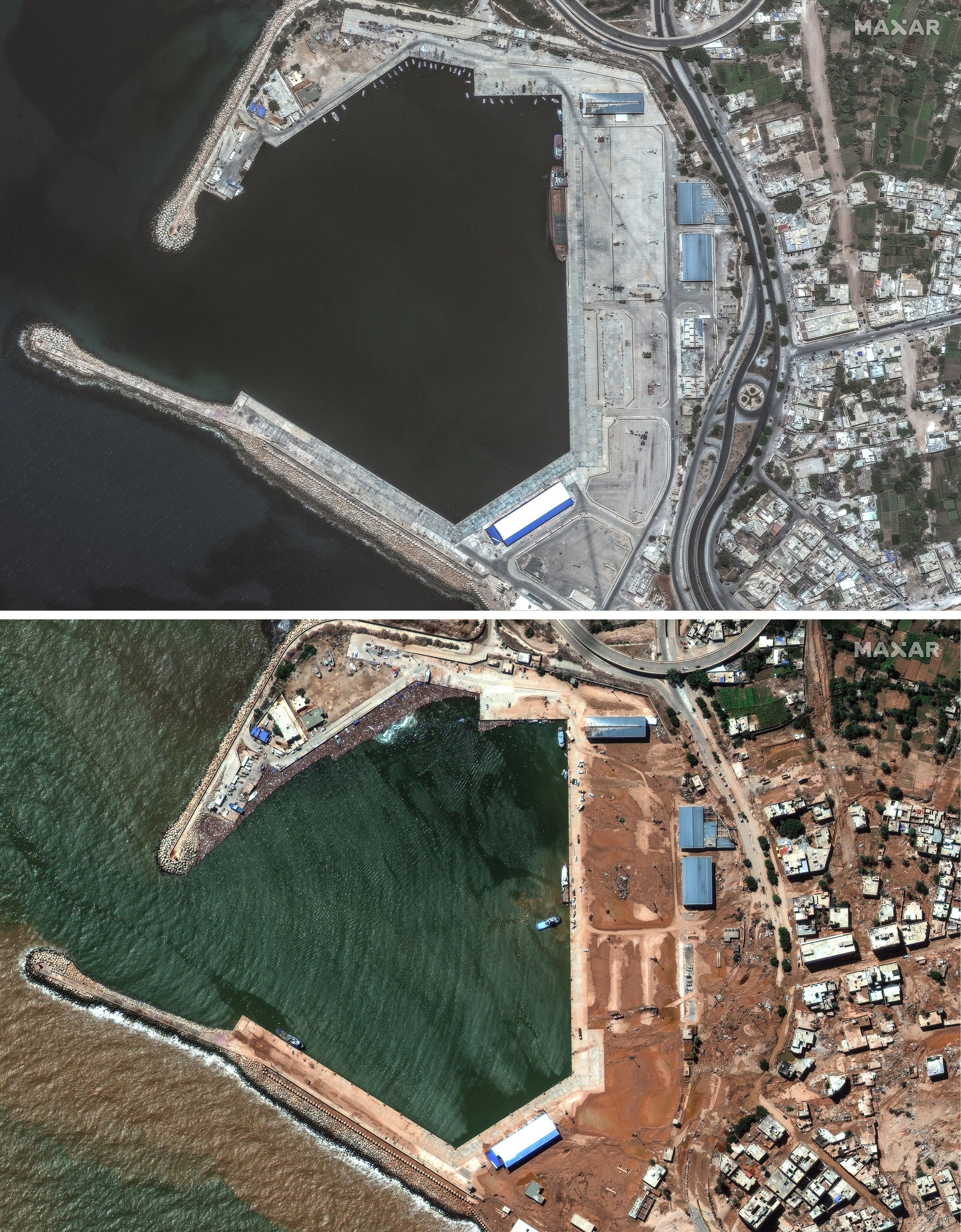 Impianti portuali a Derna, Libia, il 1 luglio 2023, e nella stessa area mercoledì 13 settembre 2023, dopo l'alluvione (Immagine satellitare © 2023 Maxar Technologies via AP)