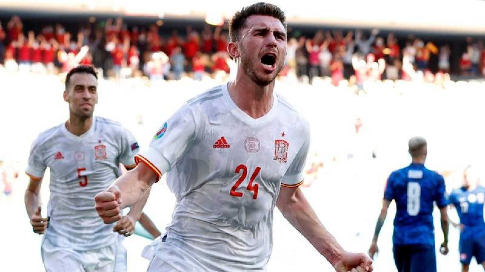 Aymeric Laporte en un grito de gol tras marcarle con España a Eslovaquia en la Eurocopa del 2021. (Reuters)