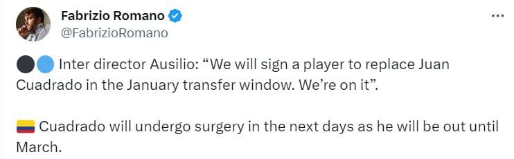 Juan Guillermo Cuadrado tendría un reemplazo en el Inter, que contrataría en enero, por su lesión - crédito @FabrizioRomano