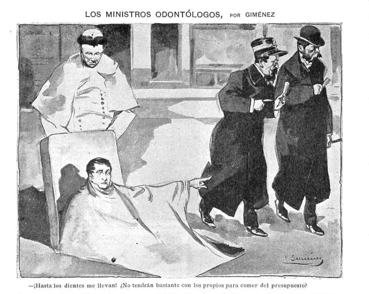 Una caricatura publicada en la revista Caras y Caretas ironiza sobre el episodio del robo de dientes al cadáver de Manuel Belgrano