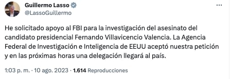 A un día del magnicidio, el presidente Guillermo Lasso anunció que una delegación del FBI llegará al país para investigar el crimen en contra del candidato