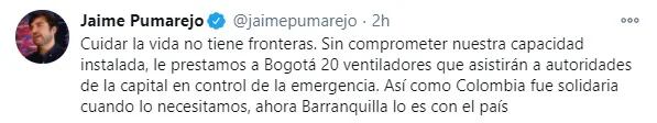 Trino del alcalde de Barranquilla, Jaime Pumarejo, dando a conocer el préstamo de los ventiladores para las UCI de Bogotá. Foto: Twitter Jaime Pumarejo.