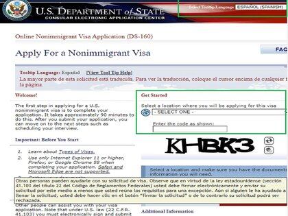 El sitio web para realizar el formulario DS-160 está en inglés, pero en la parte superior a la derecha puedes elegir idioma "Español". La página continuará en inglés pero si colocas sobre los párrafos el cursor de tu mouse, aparecerá un pop-up amarillo con la información en español (Foto: Captura de pantalla del sitio web del Departamento de Estado de EEUU)
