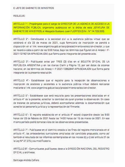 La propuesta deGustavo Fuertes como candidato a dirigir la Agencia, publicada en el Boletín Oficial