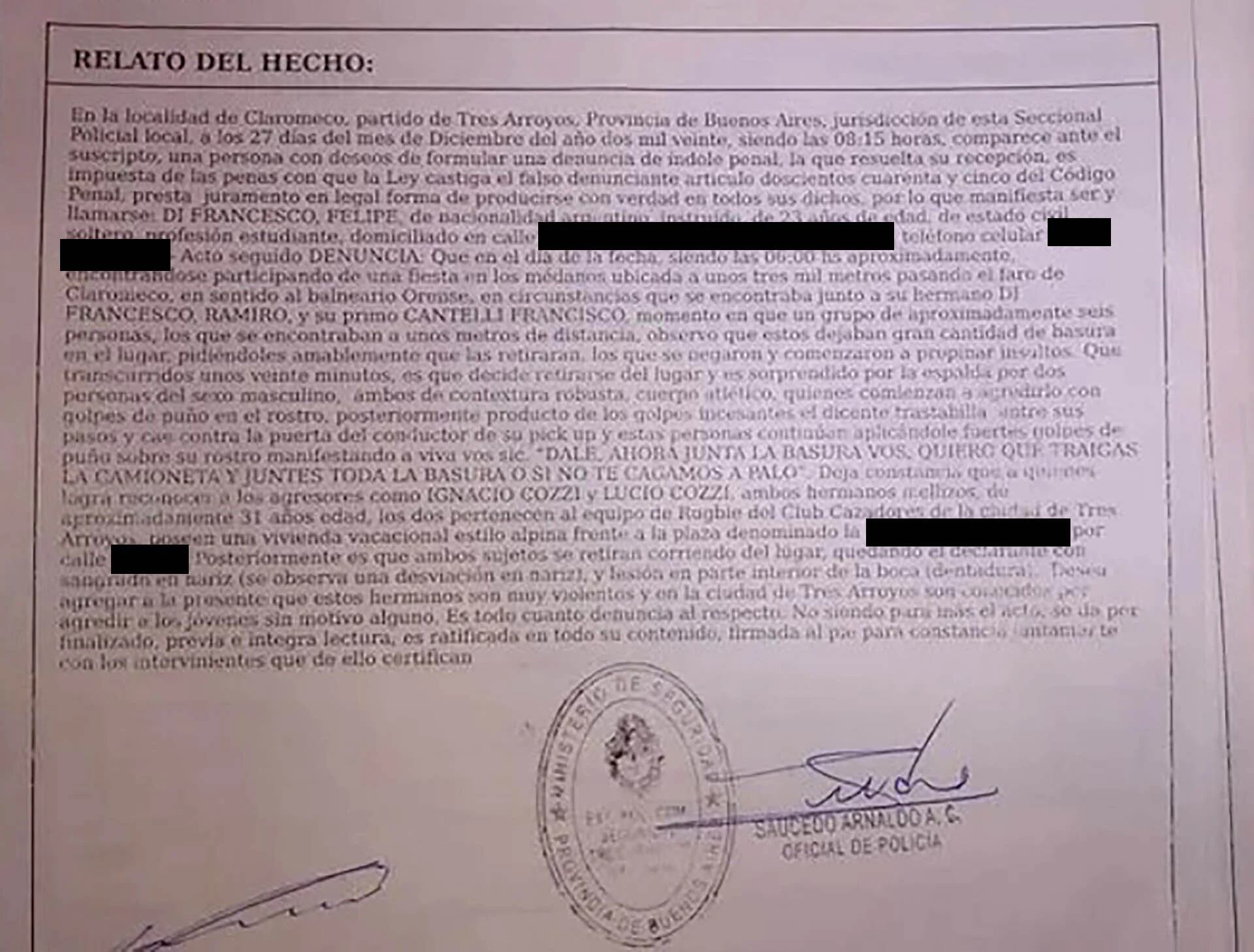 Copia de la denuncia hecha por Felipe. 