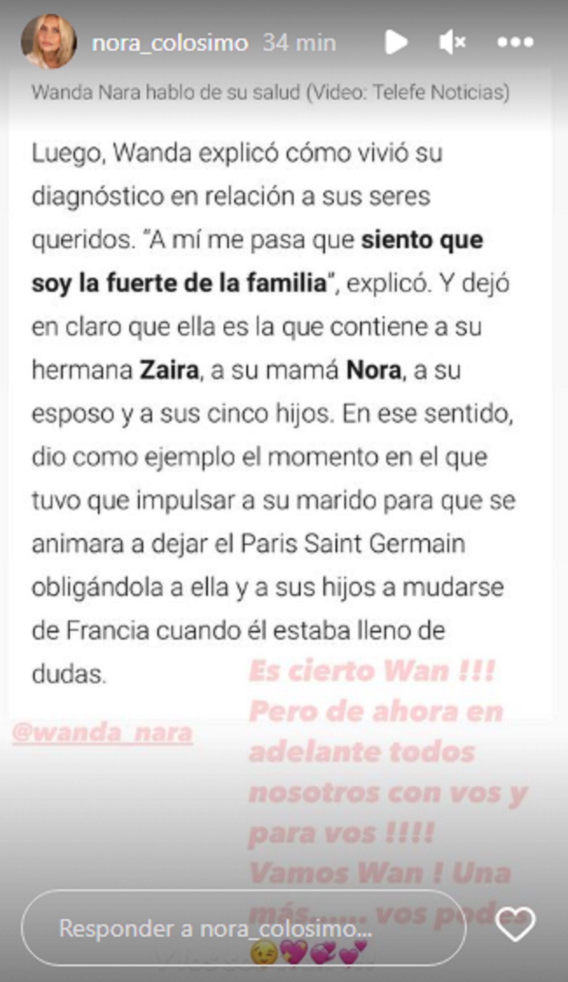 El posteo de Nora Colosimo sobre la salud de Wanda Nara (Instagram @nora_colosimo)