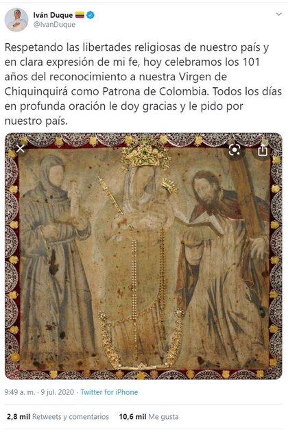 Ivan Duque publicó un mensaje sobre la Virgen de Chiquinquirá, patrona de Colombia y la justicia le ordenó borrarlo (Twitter)