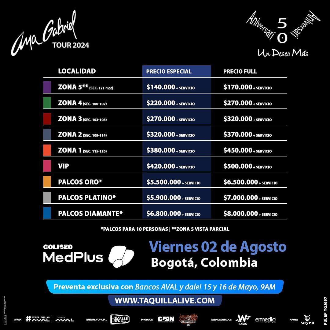 Estos son los precios de la boletería para el concierto de Ana Gabriel en Bogotá - crédito Taquilla Live