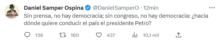 Por otra parte, el periodista Daniel Samper Ospina, famoso por su portal de columnas Los Danieles, opinó sobre el pronunciamiento del presidente y sobre la democracia. Twitter/@DanielSamperO.