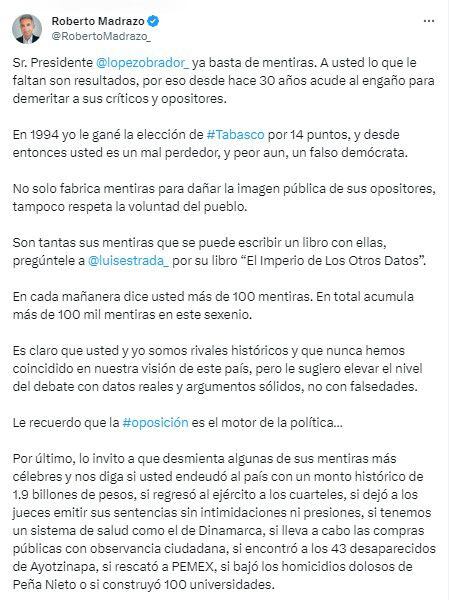 Roberto Madrazo acusó al presidente de mentir sobre su triunfo en Tabasco. | Captura de pantalla Twitter Roberto Madrazo