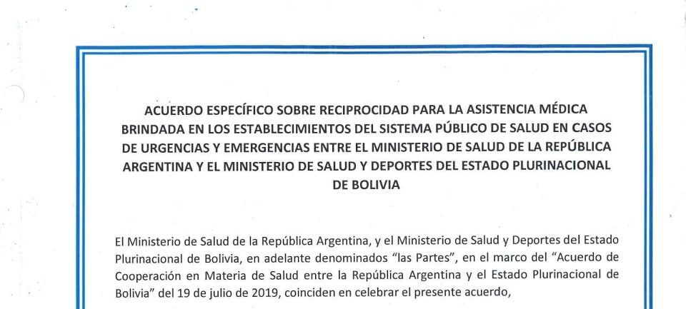 Detalle del acuerdo de reciprocidad en materia de salud firmado por Argentina y Bolivia en julio de 2023