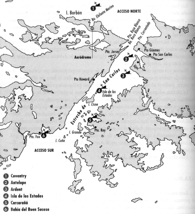 Los hundimientos y encalladuras de buques ingleses y argentinos en el CallejÃ³n de las bombas,Â  en el Estrecho de San Carlos