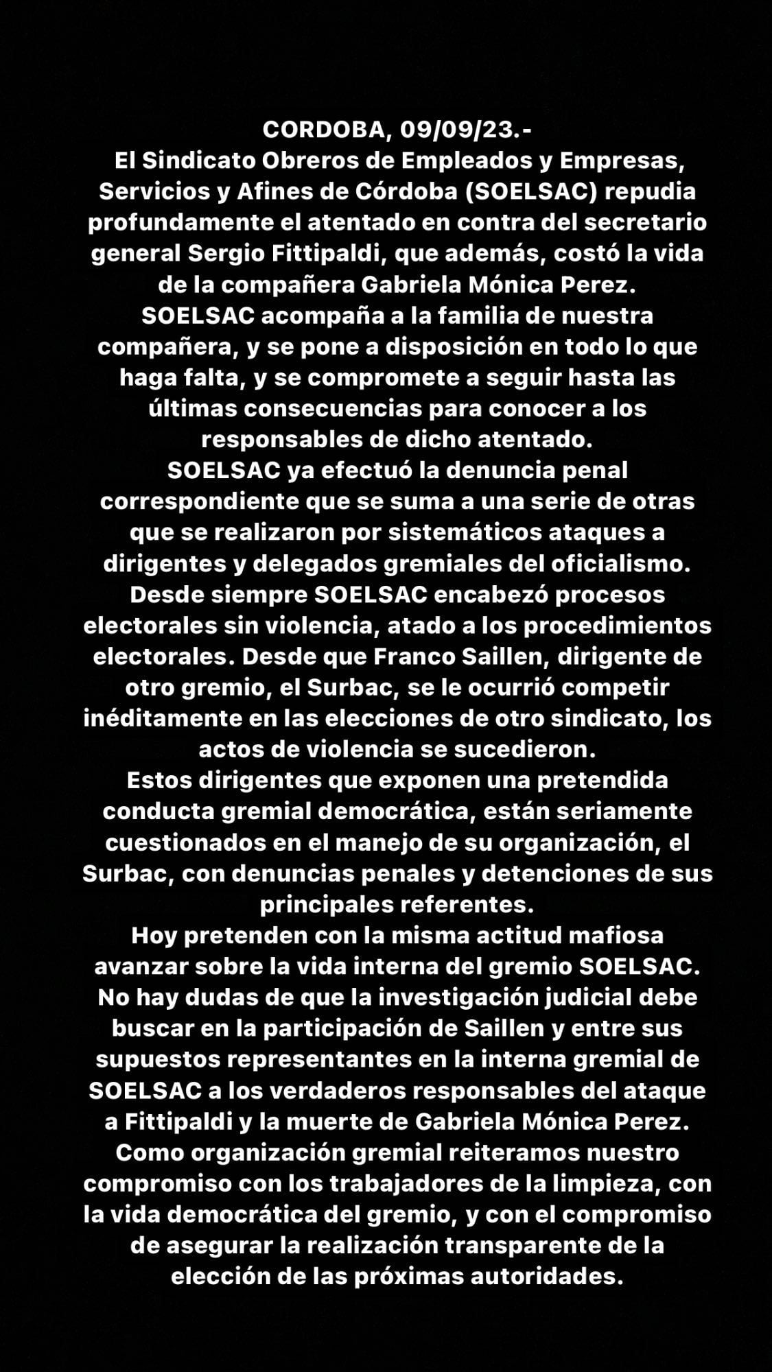 El sindicato culpó al dirigente de Surbacc Franco Saillen de presuntamente haber ordenado el ataque (Instagram @soelsac.oficial)