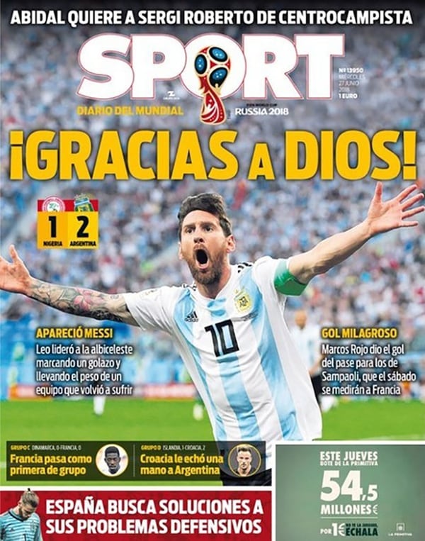 La tapa de Sport de España: “¡Gracias a Dios!”