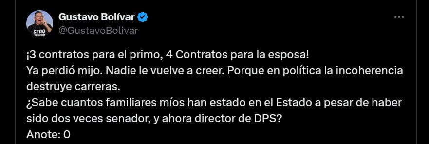 El director del DPS aseguró que nadie le va a creer a Daniel Briceño por sus incoherencias - crédito @GustavoBolivar/X