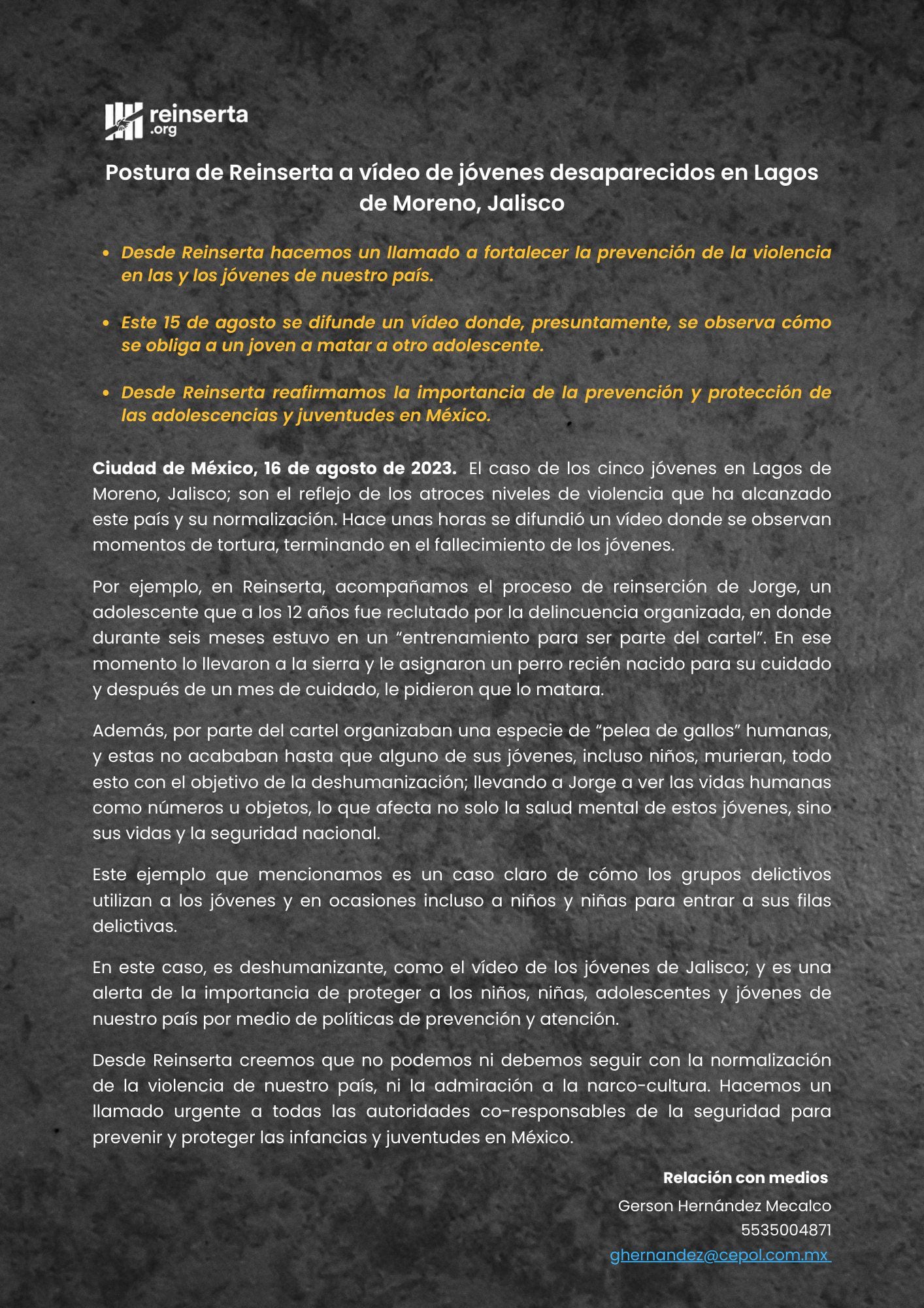 Comunicado compartido por Reinserta
(Foto: Twitter/@Reinserta)